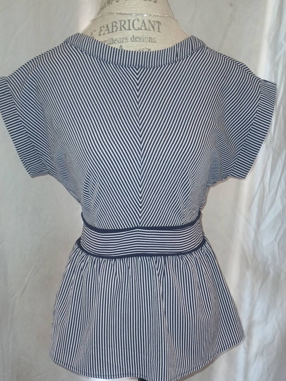 Monteau Navy and White Striped Peplum Top
